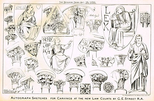 Building News' - "AUTOGRAPHED SKETCHES FOR CARVINGS" - Lithograph - 1885