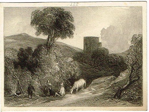 Miniature Print - TOWER IN THE VALLEY - Engraving - c1850