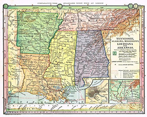 Barnes's Geography - "TENNESSEE, ALABAMA, MISSISSIPPI, LOUISIANA & ARKANSAS" Map by Monteith -1875