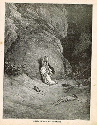 Gustave Dore's Illustration - AGAR IN THE WILDERNESS - Woodcut - c1880