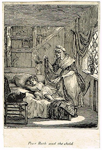 Miniature Print - POOR RUTH AND THE CHILD - Engraving - c1850