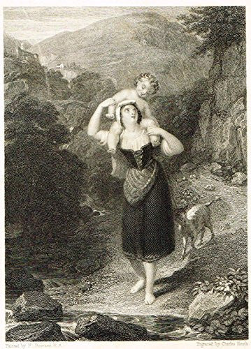 Miniature Print - MOTHER WITH CHILD & GOAT (Heath) - Engraving - c1850