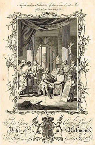 Duke of Richmond "ALFRED DIVIDES COUNTRY INTO COUNTIES" - Copper Engraving - 1760