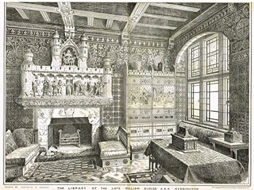 Building News' - "LIBRARY OF WILLIAM BURCES, KENSINGTON" - Large Lithograph - 1885