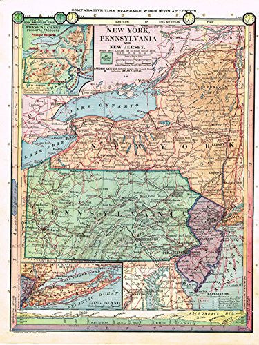 Barnes's Geography - "NEW YORK, PENNSYLVANIA & NEW JERSEY" Map by Monteith -1875