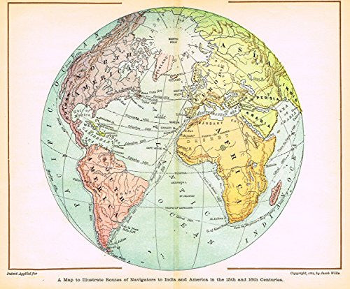 Scudder's - "A MAP TO ILLUSTRATE ROUTES OF NAVIGATORS TO INDIA AND AMERICA" - Chromo - 1881