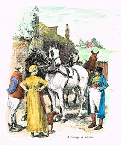 Tristram's Coaching Ways - "A CHANGE OF HORSES" - Hand-Colored Lithograph - 1888