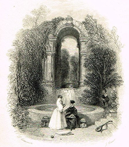 Cattermole's 'Haddon Hall' - THE MAGIC FOUNTAIN - Miniature Steel Engraving - 1860
