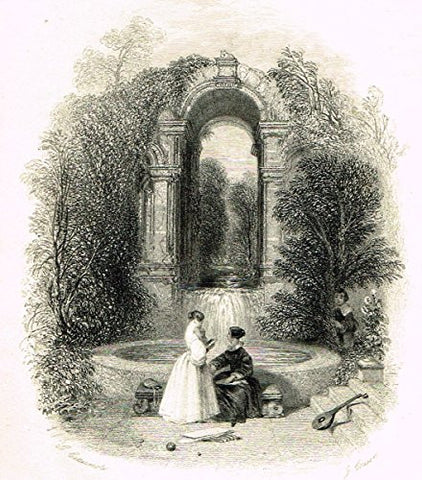 Cattermole's 'Haddon Hall' - THE MAGIC FOUNTAIN - Miniature Steel Engraving - 1860