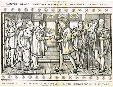 Building News' - "PAINTED GLASS WINDOWS FOR HOUSE AT BIRKENHEAD" - Large Lithograph - 1885