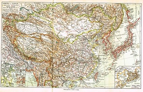 Meyers' Lexicon Map - "CHINA & JAPAN" - Chromolithograph - 1913