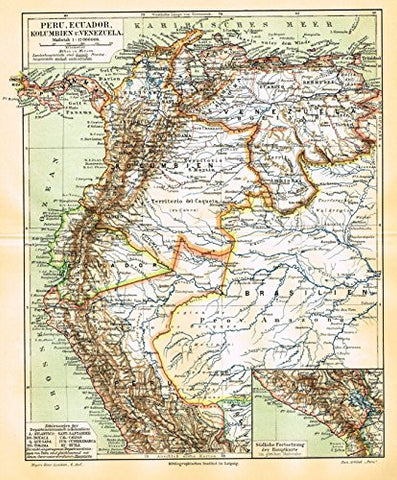 Meyers' Lexicon Map - "PERU, EQUADOR, COLUMBIA & VENESUELA" - Chromolithograph - 1913
