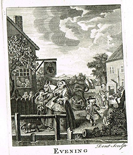 Hogarth's Illustrated - "TIMES OF DAY - EVENING" - Antique Engraving - 1794