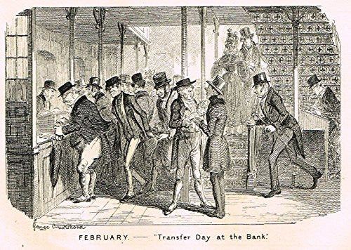 Cruikshank's Almanack - "FEBRUARY - TRANSFER DAY AT THE BANK" - Engraving - 1836