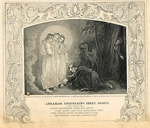 Miniature Religious Print - ABRAHAM ENTERTAINS 3 ANGELS - Engraving - c1850