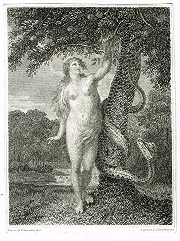 Miniature Print - EVE WITH SNAKE by Bartolozzi - Steel Engraving - c1850