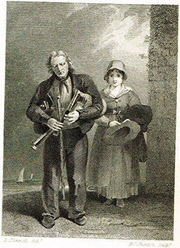 Miniature Print - THE BLIND PIPER - Engraving - c1850
