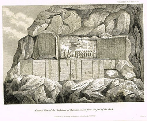 Archaeologia's Antiquity - "GENERAL VIEW OF THE SCULPTURES AT BEHISTAN" - Engraving - 1852