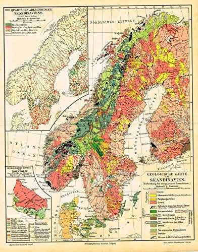 Meyers' Lexicon Map - "SCANDINAVIA - GEOLOGICAL MAP" - Chromolithograph - 1913