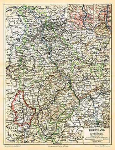 Meyers' Lexicon Map - "RHEINLAND AND LUXEMBURG" - Chromolithograph - 1913
