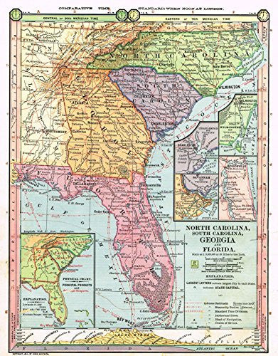 Barnes's Geography - NORTH CAROLINA, SOUTH CAROLINA, GEORGIA & FLORIDA Map by Monteith -1875