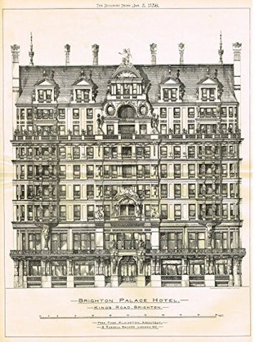 Building News' - "BRIGHTON PALACE HOTEL, KING'S ROAD" - Large Lithograph - 1885