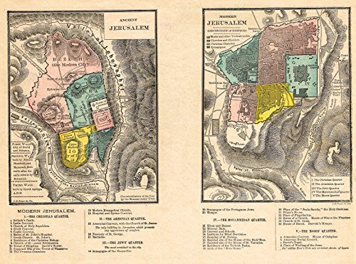 Map - "ANCIENT AND MODERN JERUSALEM COMPARISON" - Chromolithograph - c1880