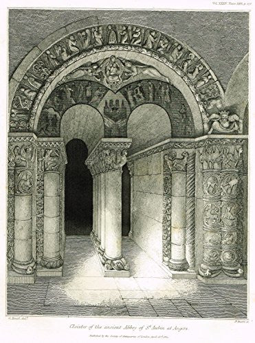 Archaeologia's Antiquity - CLOISTER OF THE ANCIENT ABBEUY OF ST. AUBIN AT ANGERS - Engraving - 1852