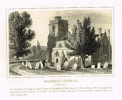 Miniature Dugdale Views - "HORNSEY CHURCH, MIDDLESEX" - Copper Engraving - 1845