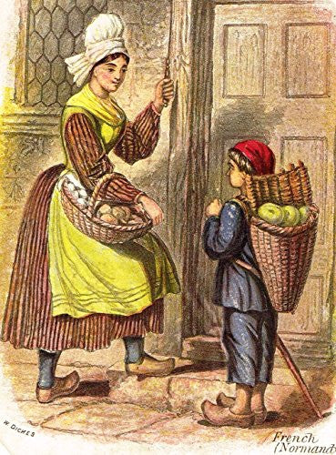 Miniature by W.Dickes - FRENCH WOMAN and BOY - Hand-Colored Engraving - 1809