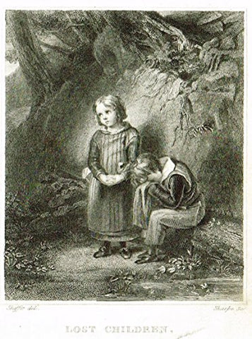 Miniature Print - LOST CHILDREN by Sharpe - Steel Engraving - c1850