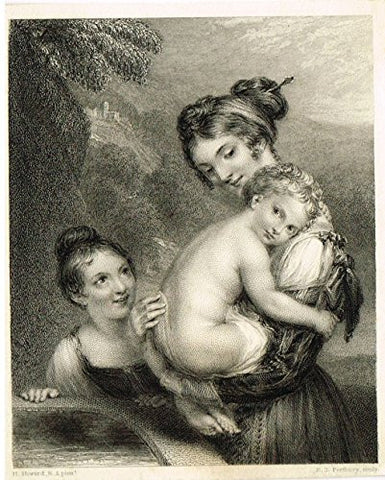 Miniature Print - TWOE WOMEN AND A BABY - Engraving - c1850