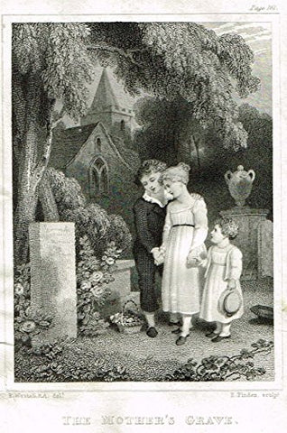 Miniature Print - "THE MOTHER'S GRAVE" by Finden - Steel Engraving - c1850