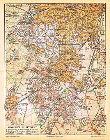 Meyers' Lexicon Map - "BERLIN - SOUTHWEST" - Chromolithograph - 1913