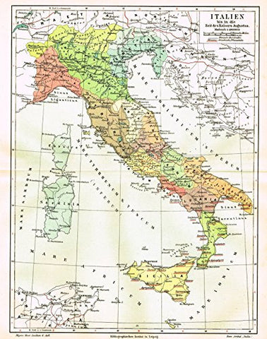 Meyers' Lexicon Map - "ITALY - AT THE TIME OF EMPEROR AUGUSTUS" - Chromolithograph - 1913