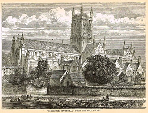 Our National Cathedrals - WORCESTER CAHTEDRAL FROM SOUTH-WEST - Wood Engraving - 1887