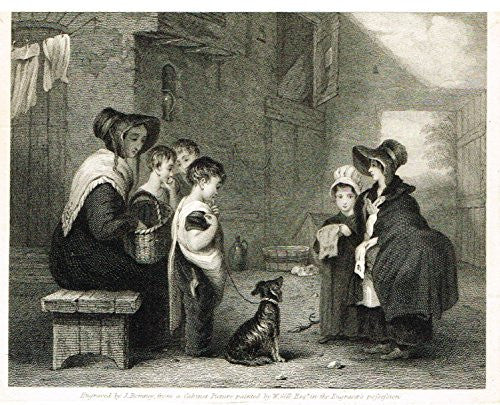 Miniature Print - HIDDEN BOY, CHILDREN & DOG - Copper Engraving - c1850