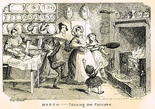 Cruikshank's Almanack - "MARCH - TOSSING THE PANCAKE" - Engraving - 1837