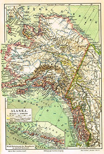 Meyers' Lexicon Map - "ALASKA" - Chromolithograph - 1913