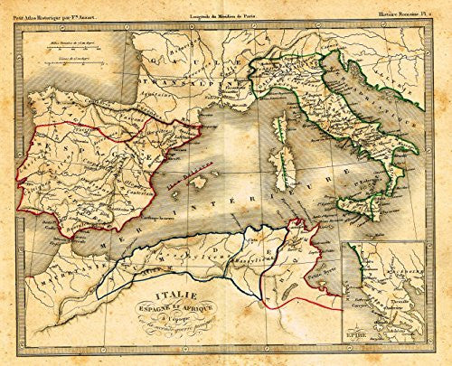 Map by Felix Ansart - "ITALIE, ESPAGNE ET AFRIQUE" - Hand-Colored Engraving - 1841