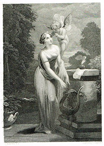 Miniature Print - MAIDEN & ANGEL by Engleheart - Steel Engraving - c1850