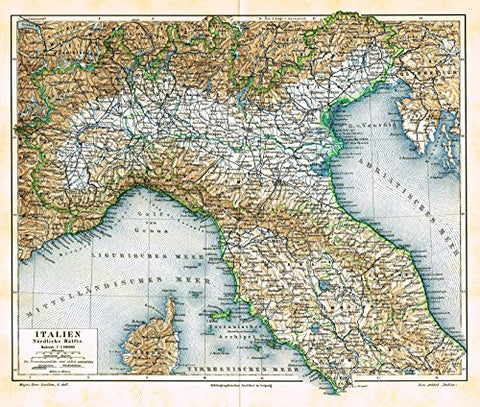 Meyers' Lexicon Map - "ITALY - NORTHERN HALF" - Chromolithograph - 1913
