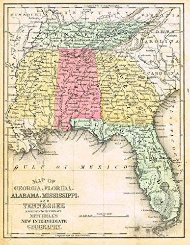 Barnes's Geography - "GEORGIA, FLORIDA, ALABAMA, MISSISSIPPI & TENNESSEE" Map by Monteith -1875