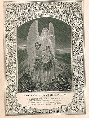 Miniature Religious Print - EXPULSION FROM PARADISE - Engraving - c1850