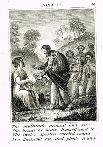Miller's Scripture History - "JESUS FEEDS THE MULTITUDES" - Small Religious Copper Engraving - 1839