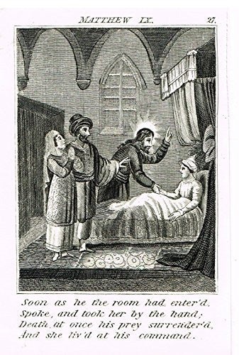 Miller's Scripture History - "JESUS HEALS DYING WOMAN" - Small Religious Copper Engraving - 1839