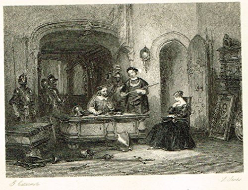 Cattermole's 'Haddon Hall' - "ARMING YOUNG KNIGHT" - Miniature Steel Engraving - 1860