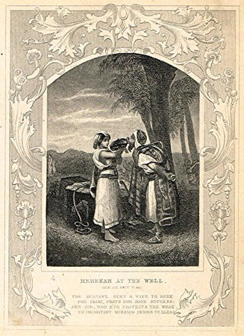 Miniature Religious Print - REBEKAH AT THE WELL - Engraving - c1850