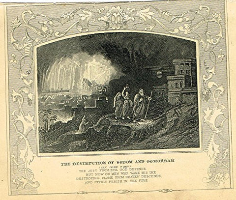 Miniature Religious Print - DESTRUCTION OF SODOM & GOMORRAH - Engraving - c1850