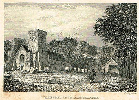 Miniature Dugdale Views - "WILLESDEN CHURCH, MIDDLESEX" - Copper Engraving - 1845